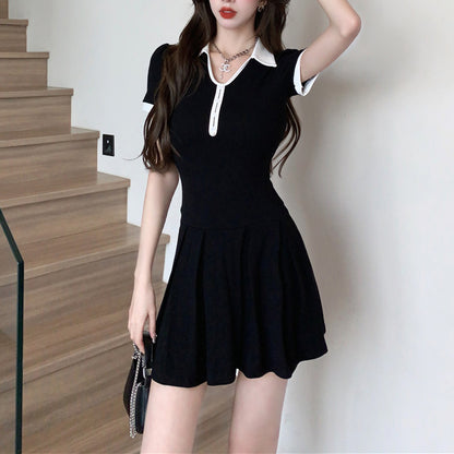 Audrey Hepburn-Style Black Color-Block Polo Dress