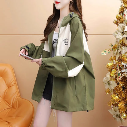 Stylish Color-Blocked Hooded Trench Coat