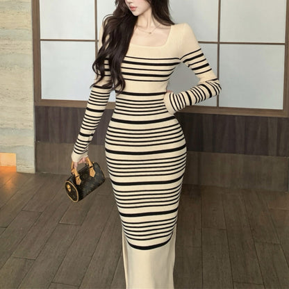 Sexy Square-Neck Striped Knit Dress
