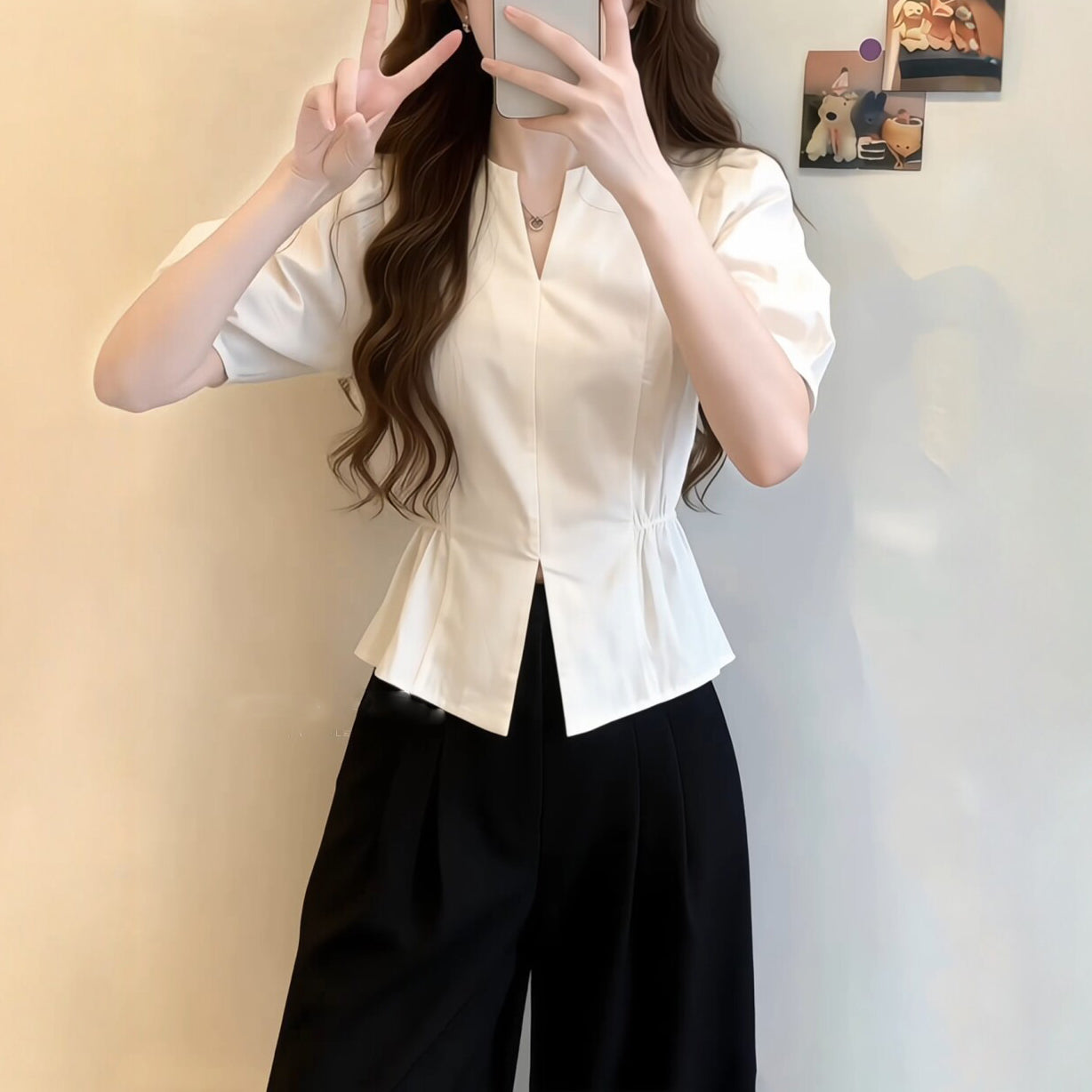 White Puff-Sleeve Short-Sleeve Shirt