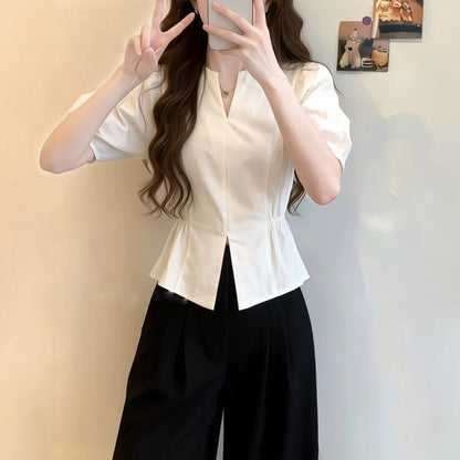 White Puff-Sleeve Short-Sleeve Shirt