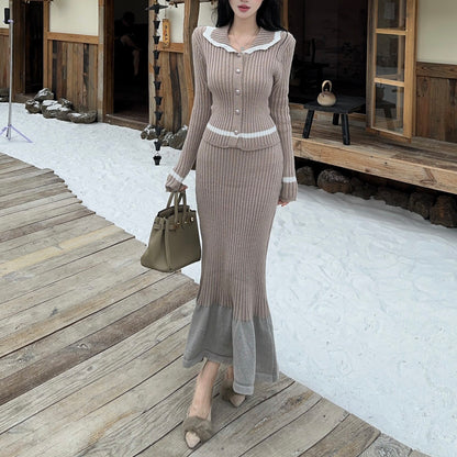 Sexy Color-Block Collared Long-Sleeve Top And High-Waisted Skirt Set