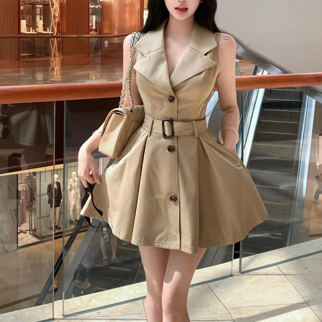 Retro Suit Collar High-Waisted Dress