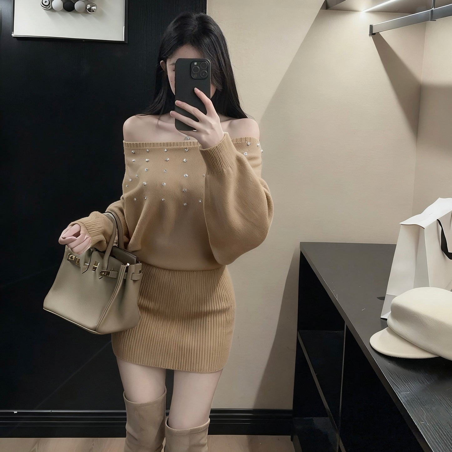 French-Style Sexy Off-Shoulder Rhinestone Knit Dress