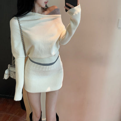 Fake Two-Piece Sexy Contrast Color Off-Shoulder Knitted Sweater Skirt Set