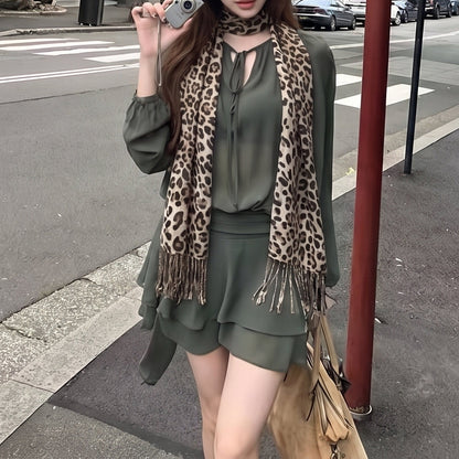 French-Style Lantern-Sleeve Tie-Waist Dress