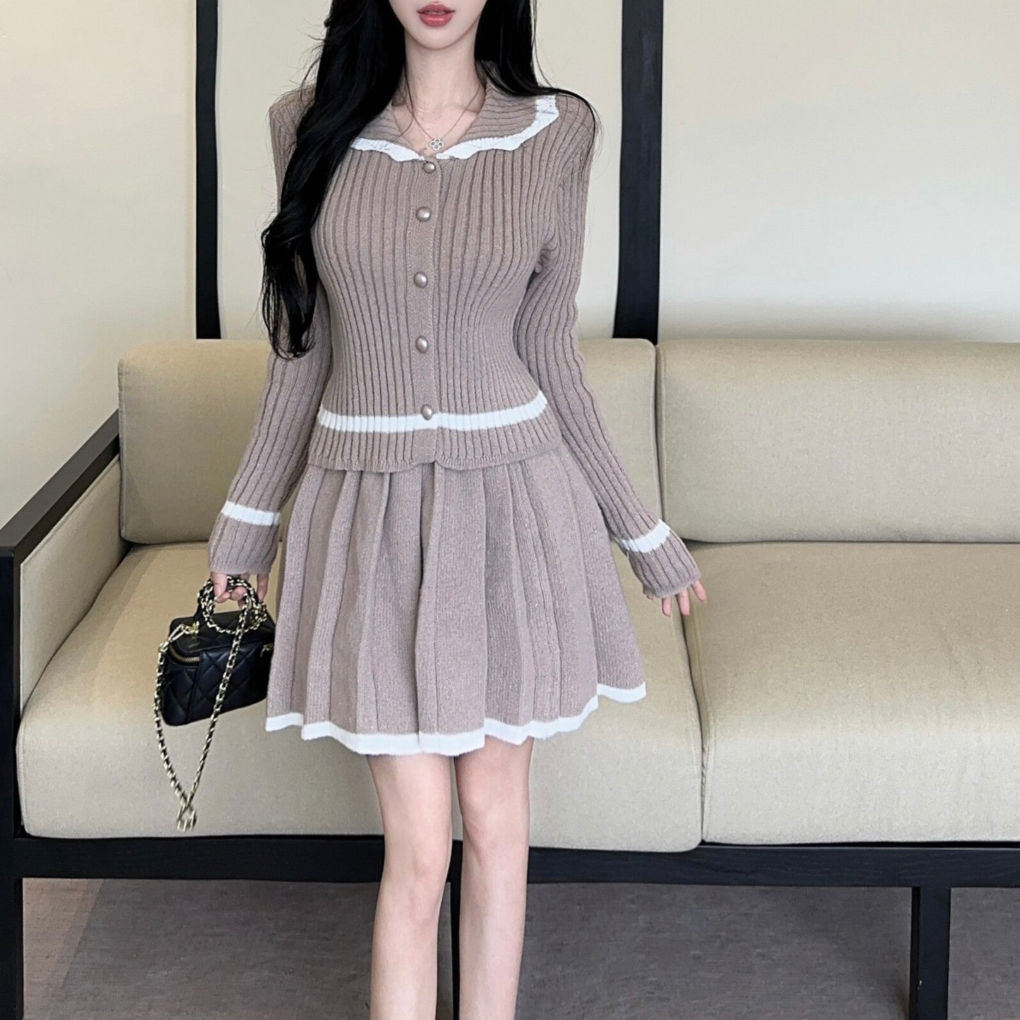 Sexy Color-Block Collared Long-Sleeve Top And High-Waisted Skirt Set