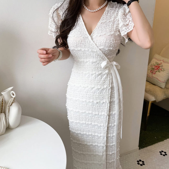 Elegant Lace V-Neck Tie-Waist Long Dress