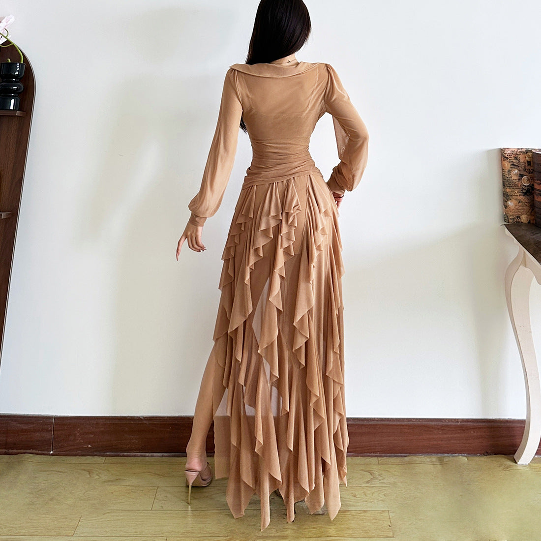 Solid Color Square Neck Long Sleeve Top Sexy Temperament Irregular Slit Skirt Suit