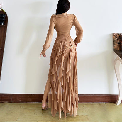 Solid Color Square Neck Long Sleeve Top Sexy Temperament Irregular Slit Skirt Suit