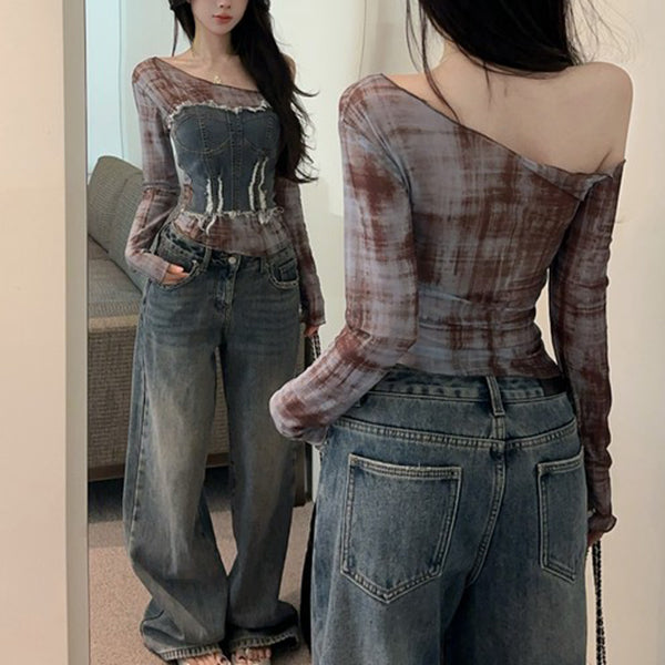 Printed Denim Long-Sleeved T-Shirt