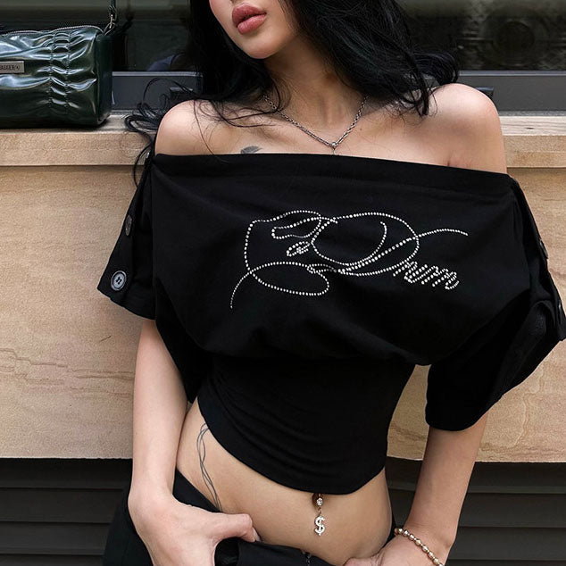 Trendy Letter-Print Off-Shoulder Fitted Top