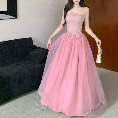 Sweet And Elegant Strapless Crop Top And High-Waisted Loose Mesh Skirt Set