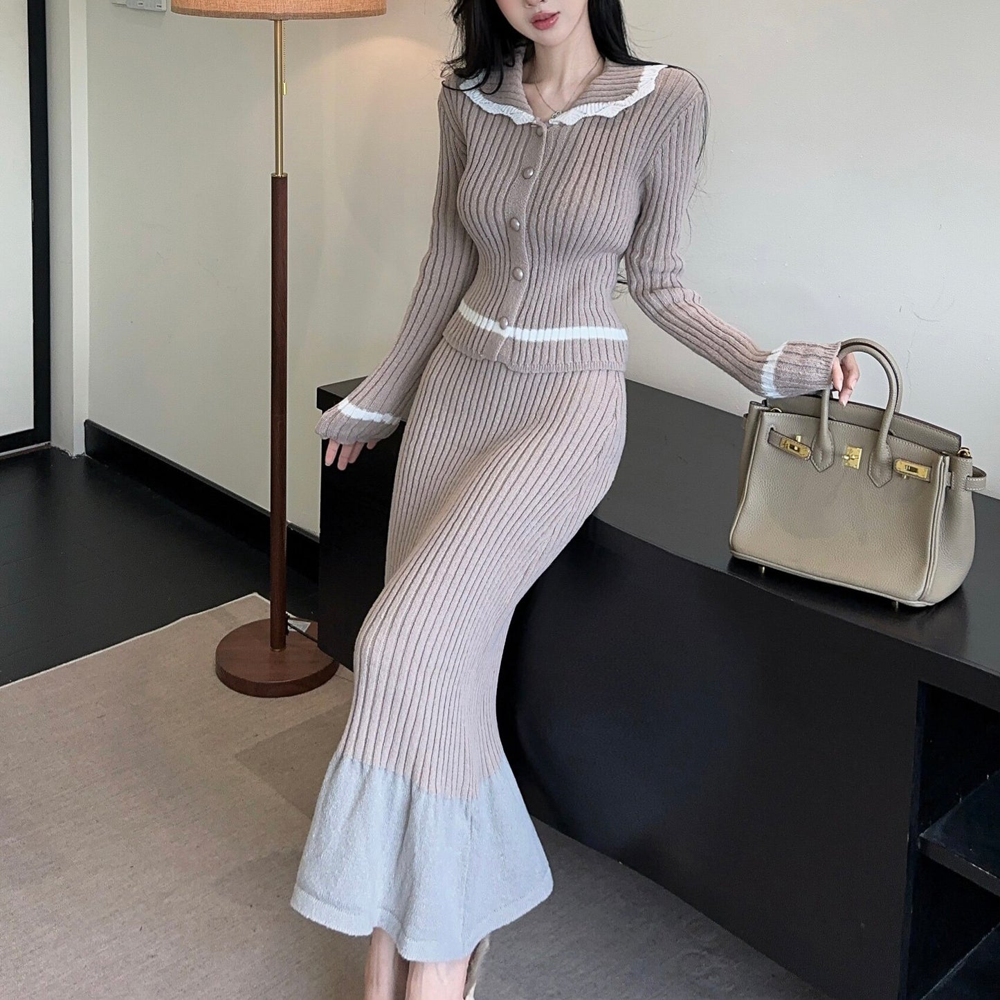 Sexy Color-Block Collared Long-Sleeve Top And High-Waisted Skirt Set