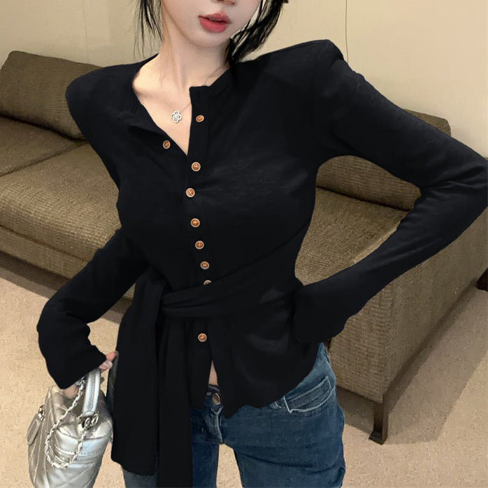 Single-Breasted Fashionable Sexy Chic Long-Sleeved Tie T-Shirt