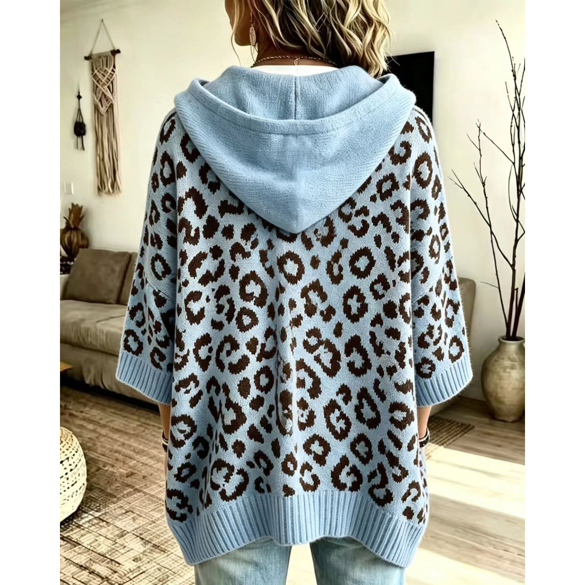 Leopard Print Hooded Drawstring Knit Pullover Sweater