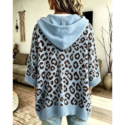 Leopard Print Hooded Drawstring Knit Pullover Sweater