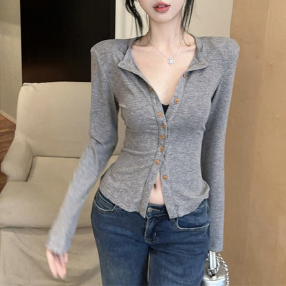Single-Breasted Fashionable Sexy Chic Long-Sleeved Tie T-Shirt