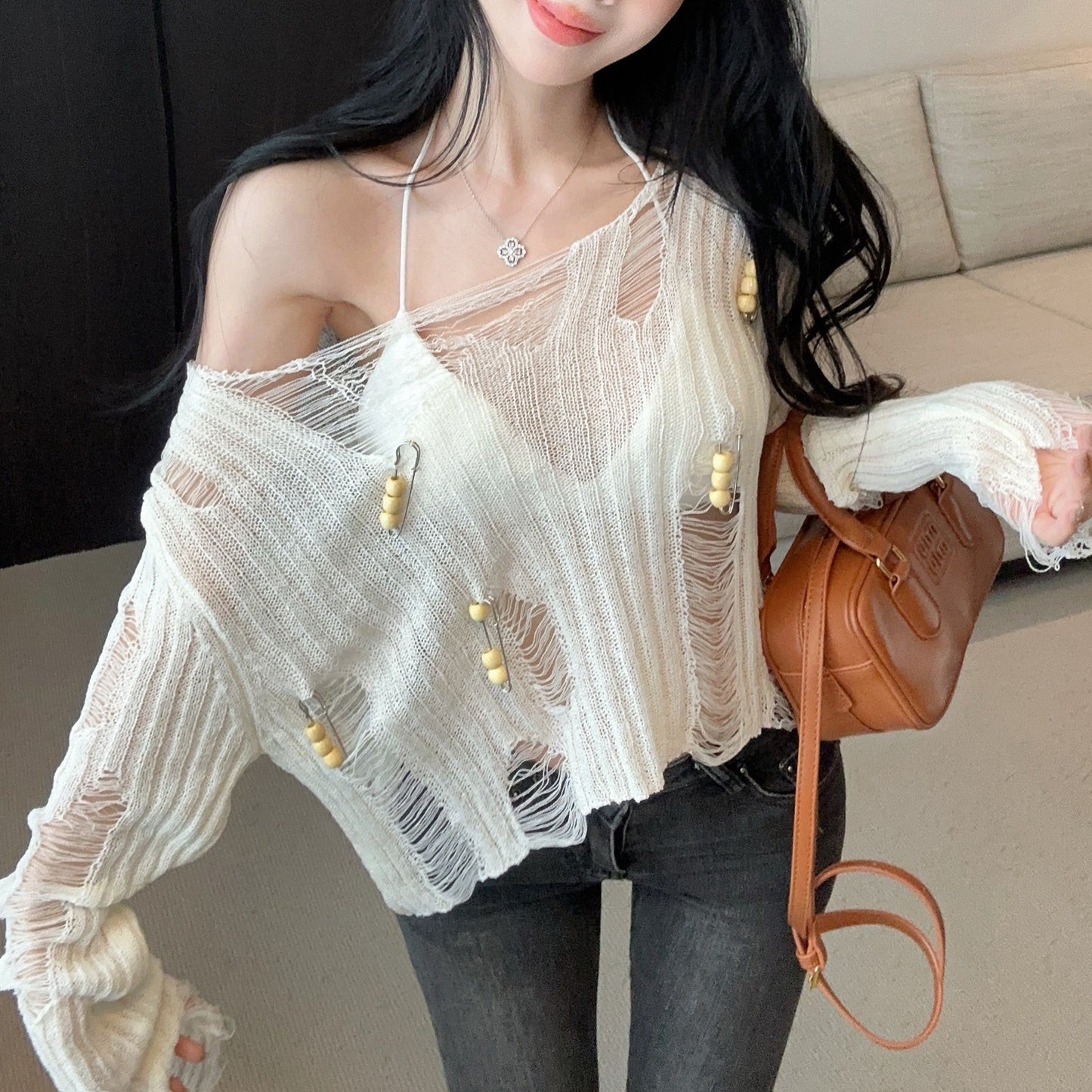 Hollow Loose See-Through Knitted Cardigan Top