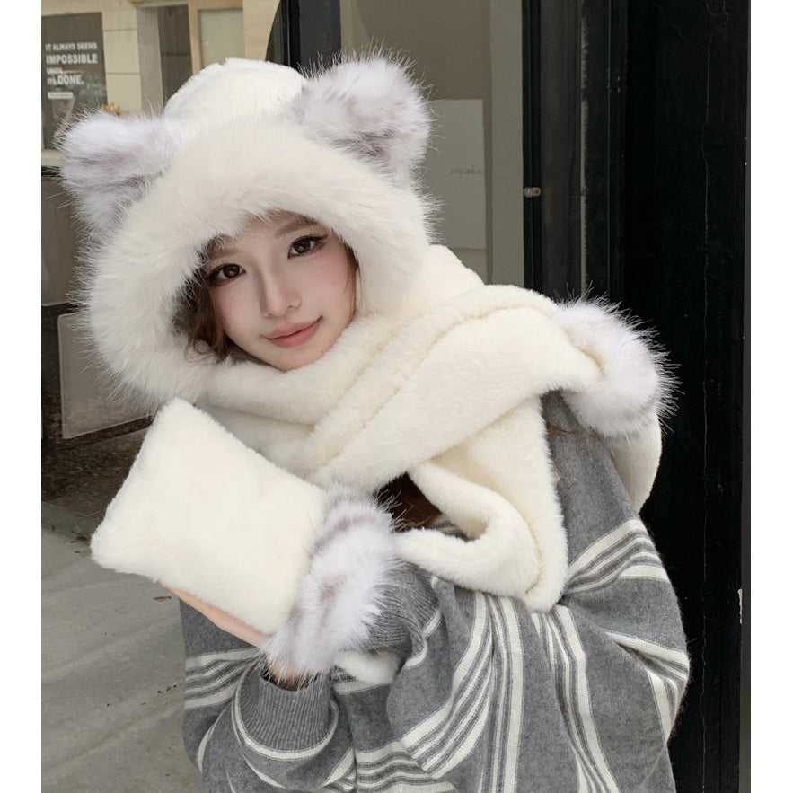 Cute Fox Windproof Winter Scarf Gloves Integrated Warm Plush Three-Piece Set