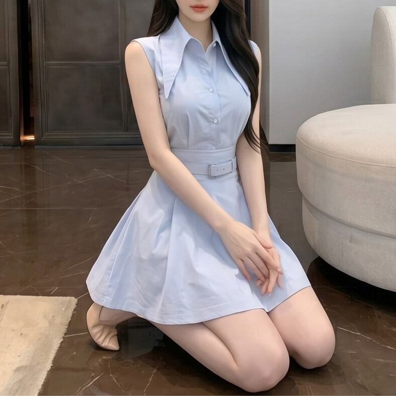 Collared Off-Shoulder Sleeveless Shirt And High-Waisted Skirt Set