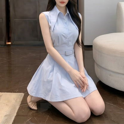 Collared Off-Shoulder Sleeveless Shirt And High-Waisted Skirt Set