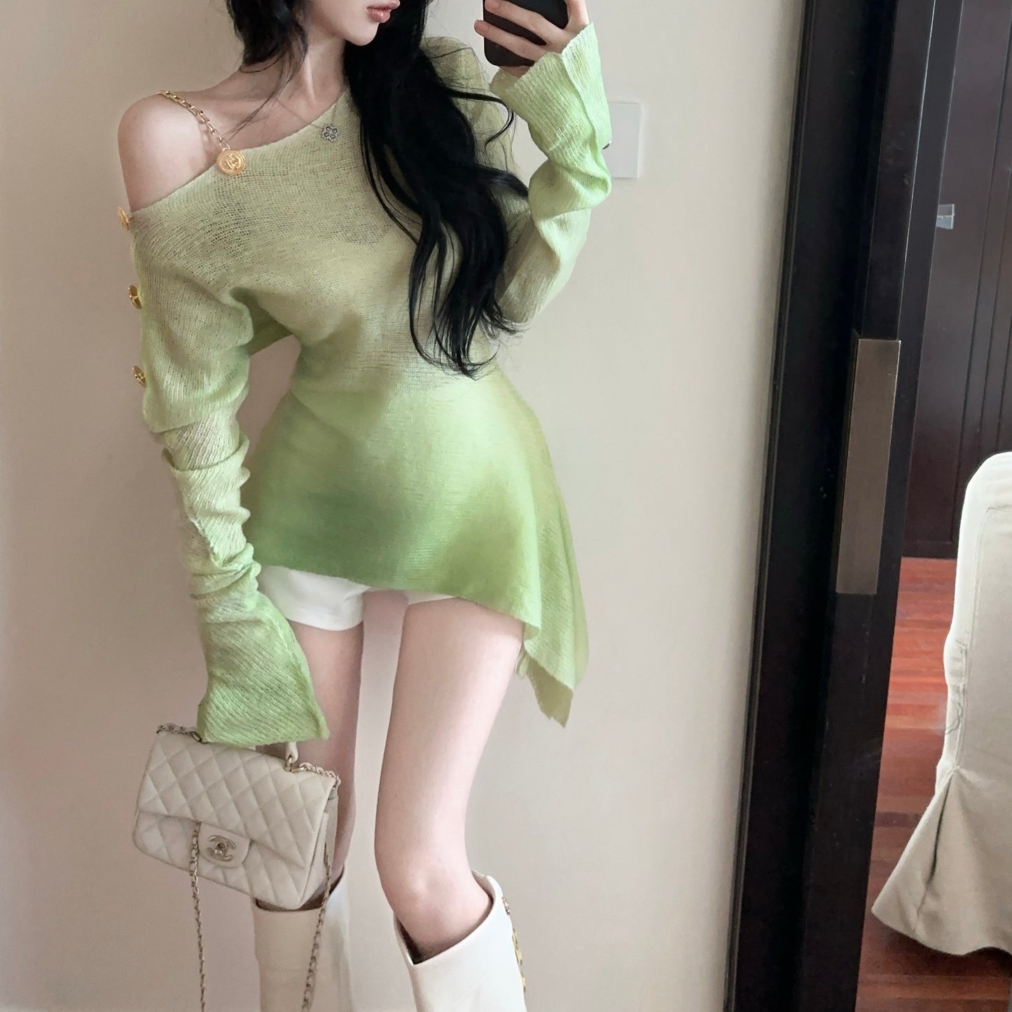 Gradient Color Off-Shoulder Metal Button Sexy Irregular Long-Sleeved Blouse