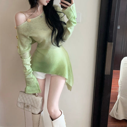 Gradient Color Off-Shoulder Metal Button Sexy Irregular Long-Sleeved Blouse