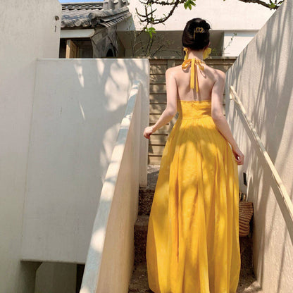 Yellow V-Neck Chiffon Vacation Dress