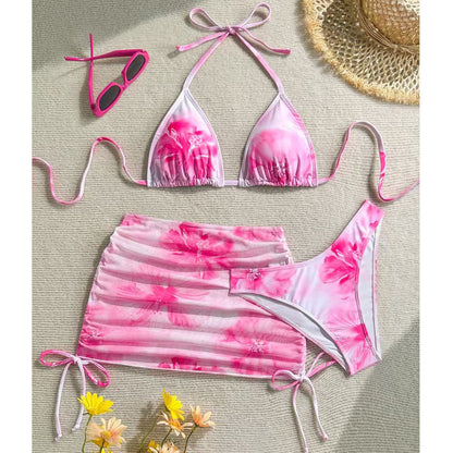 Printed Sexy Halter Neck Strap Swimsuit Three-Piece Set