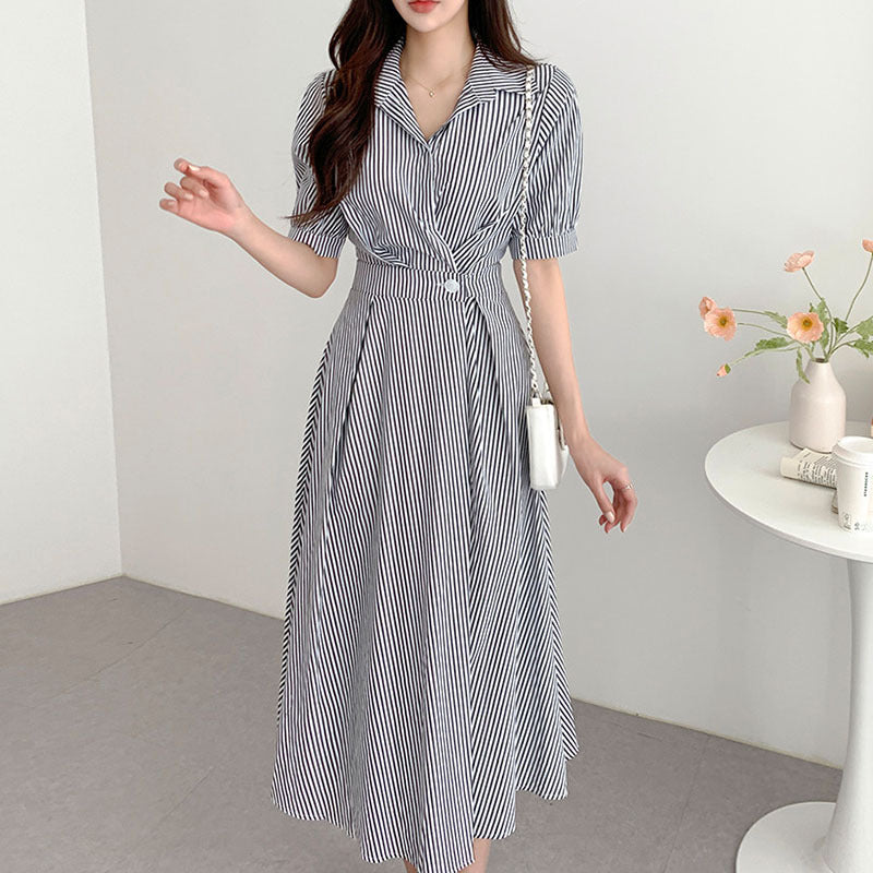 Elegant Collared Waist-Cinching Puff Sleeve Dress