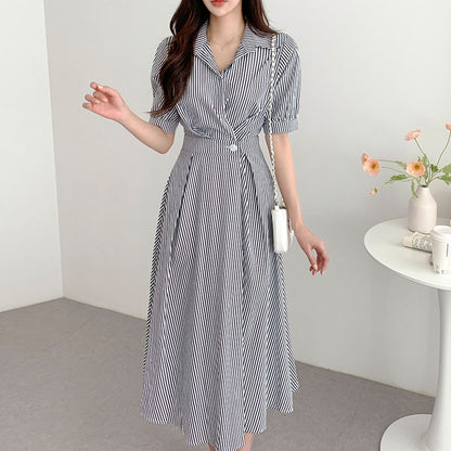 Elegant Collared Waist-Cinching Puff Sleeve Dress