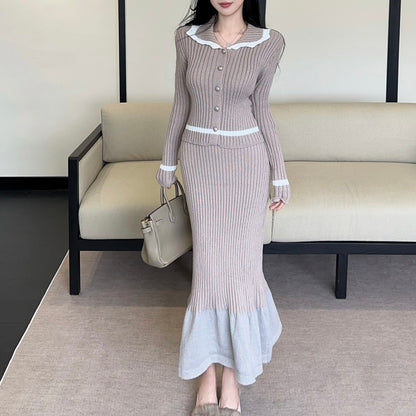 Sexy Color-Block Collared Long-Sleeve Top And High-Waisted Skirt Set