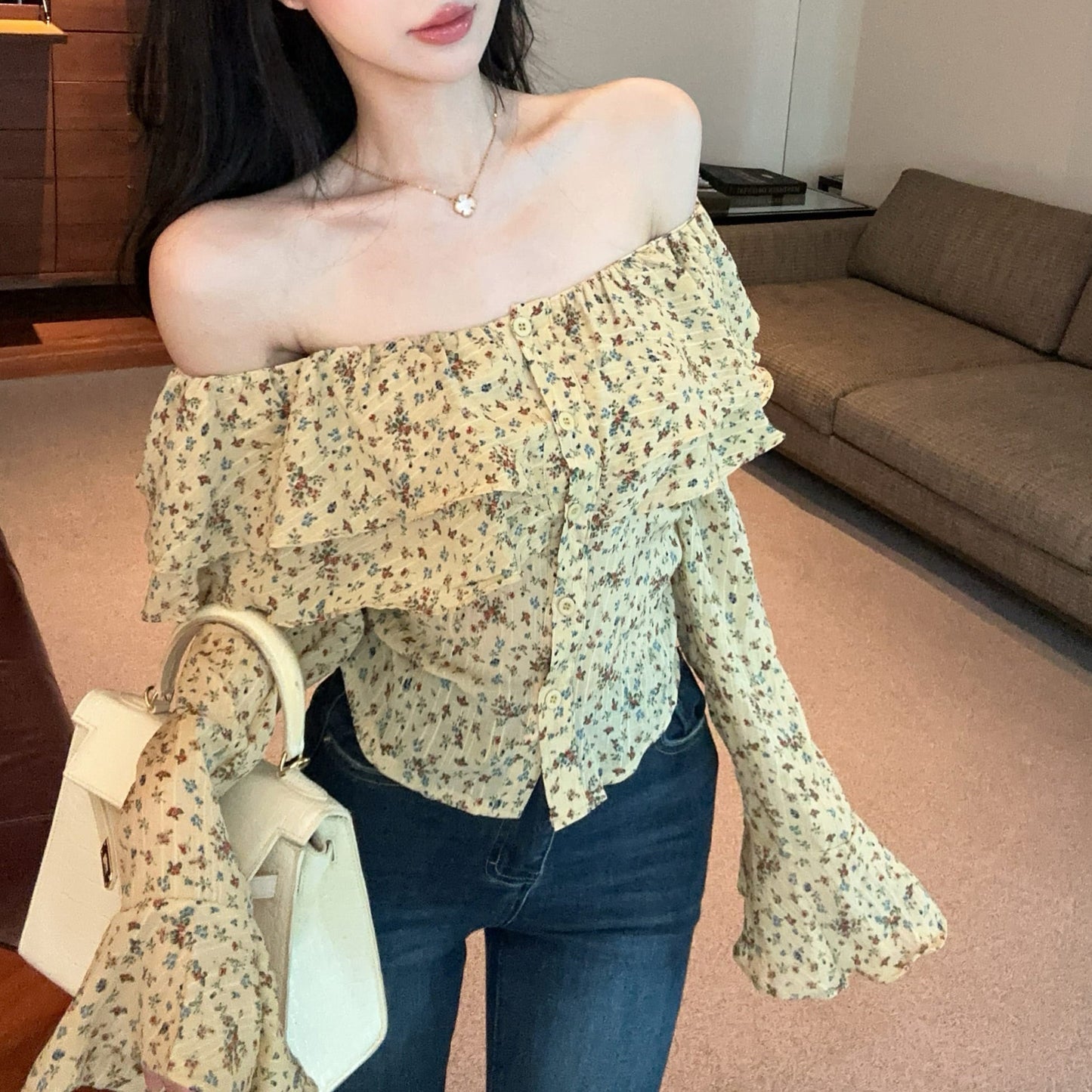 Ruffled Off-The-Shoulder Floral T-Shirt