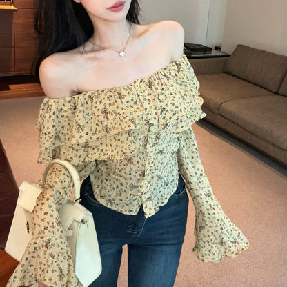 Ruffled Off-The-Shoulder Floral T-Shirt