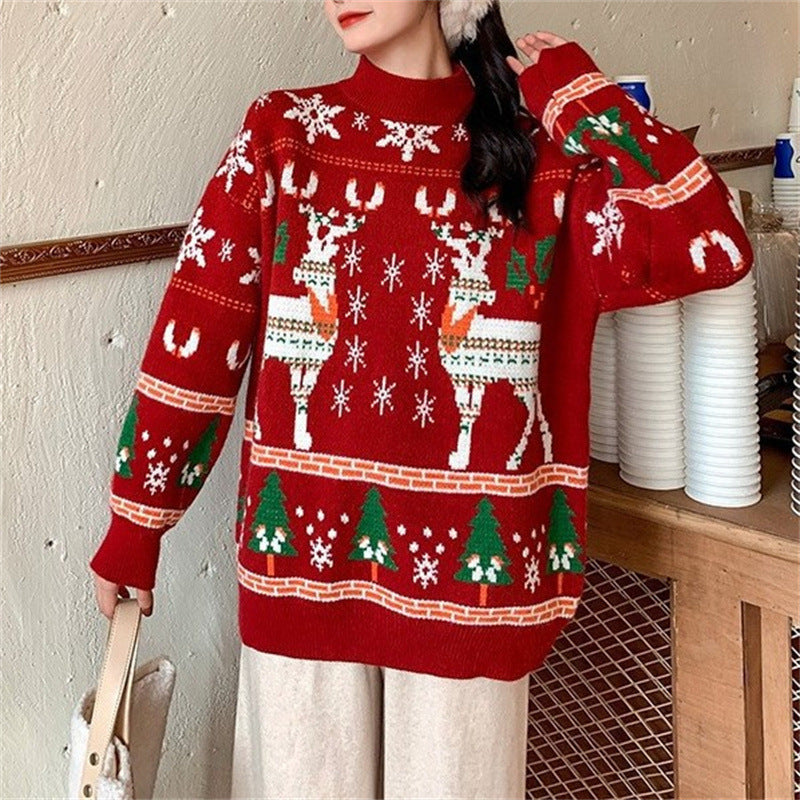 Sweet Loose Round Neck Pullover Long Sleeve Knitted Christmas Sweater