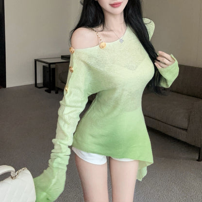 Gradient Color Off-Shoulder Metal Button Sexy Irregular Long-Sleeved Blouse