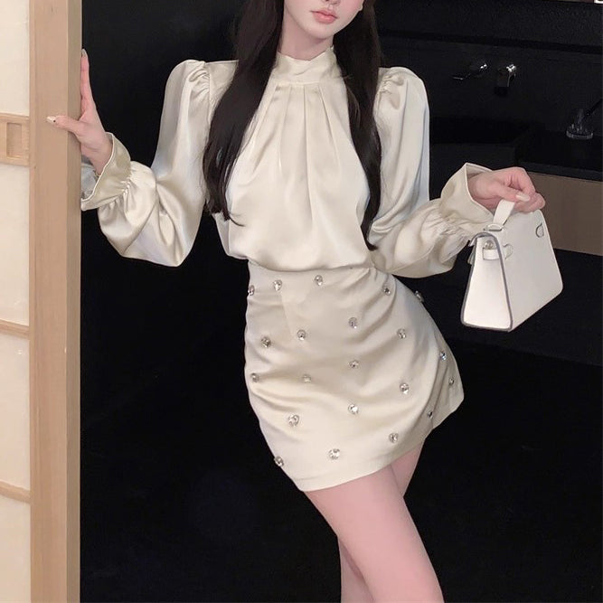 Puff Sleeve Satin Shirt Dress Two-Piece Set