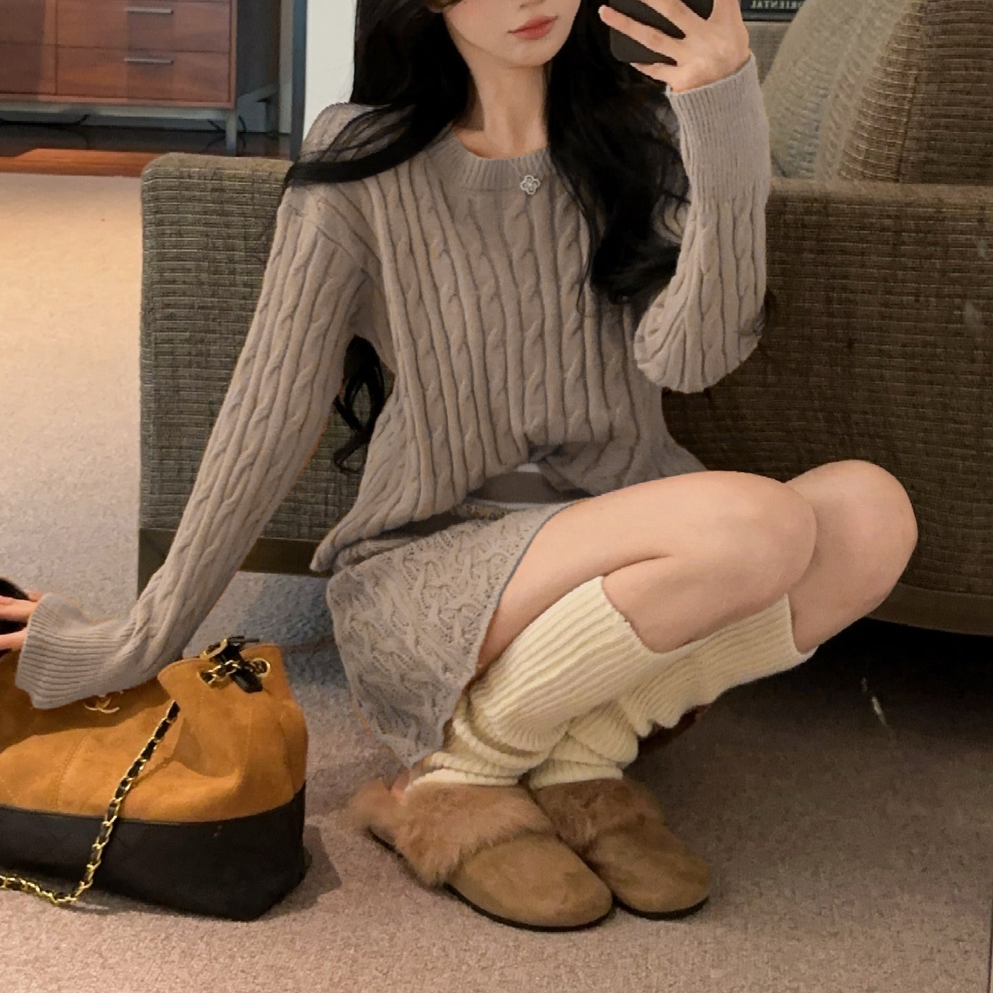 Retro Sexy Round Neck Cable Knit Top High Waist Miniskirt Set