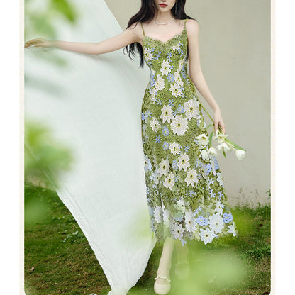 Green Cardigan And Hollow-Out Strap Dress Two-Piece Set