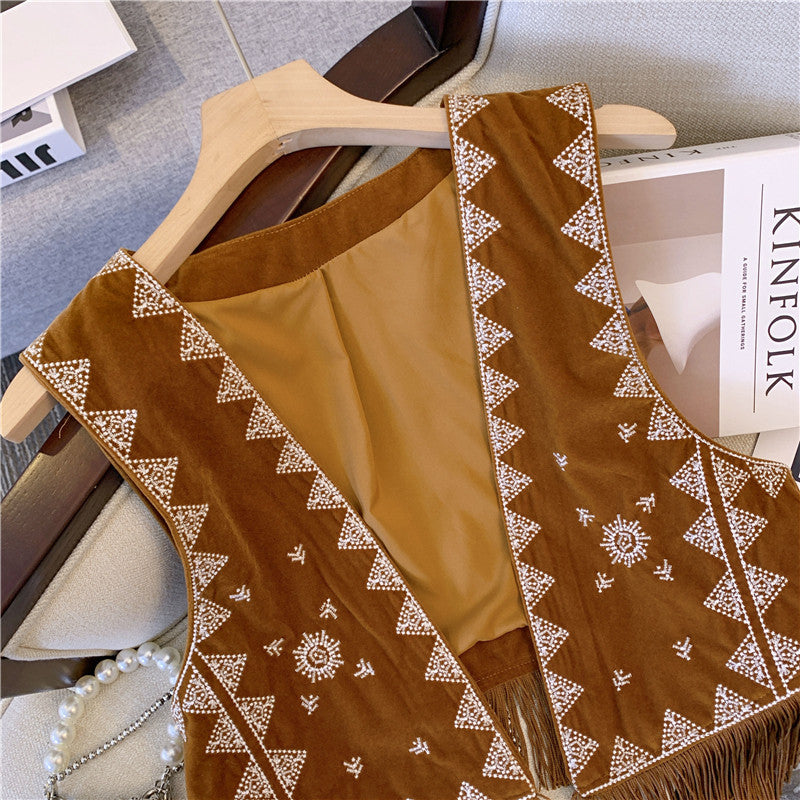 Bohemian Ethnic Style Western Cowboy Brown Velvet Embroidered Vest