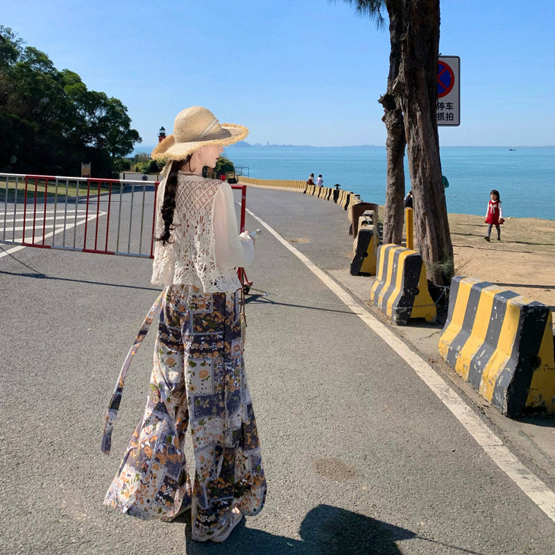 Ethnic-Style Printed Wide-Leg Pants Skirt Vest Set