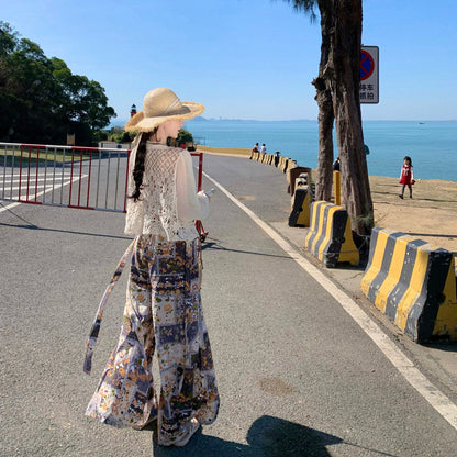 Ethnic-Style Printed Wide-Leg Pants Skirt Vest Set