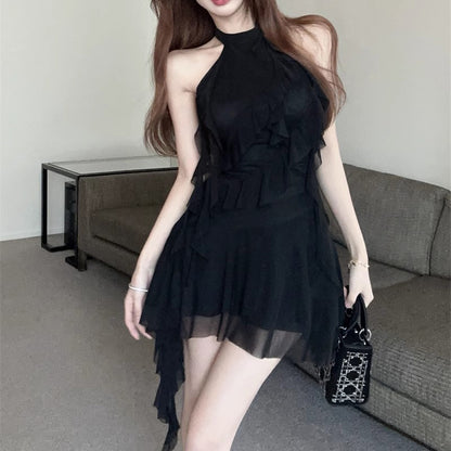 Halter Neck Ribbon Backless Little Black Dress