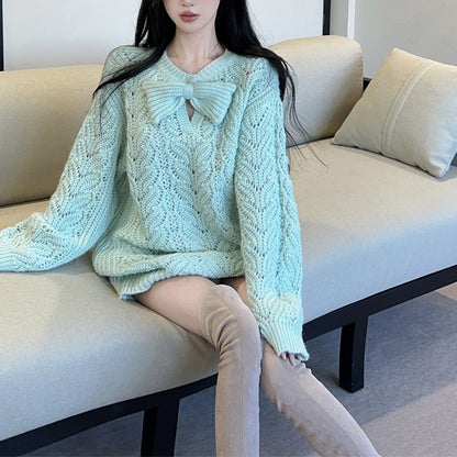 Lazy Style Sweet And Sexy Bow Knitted Sweater Dress