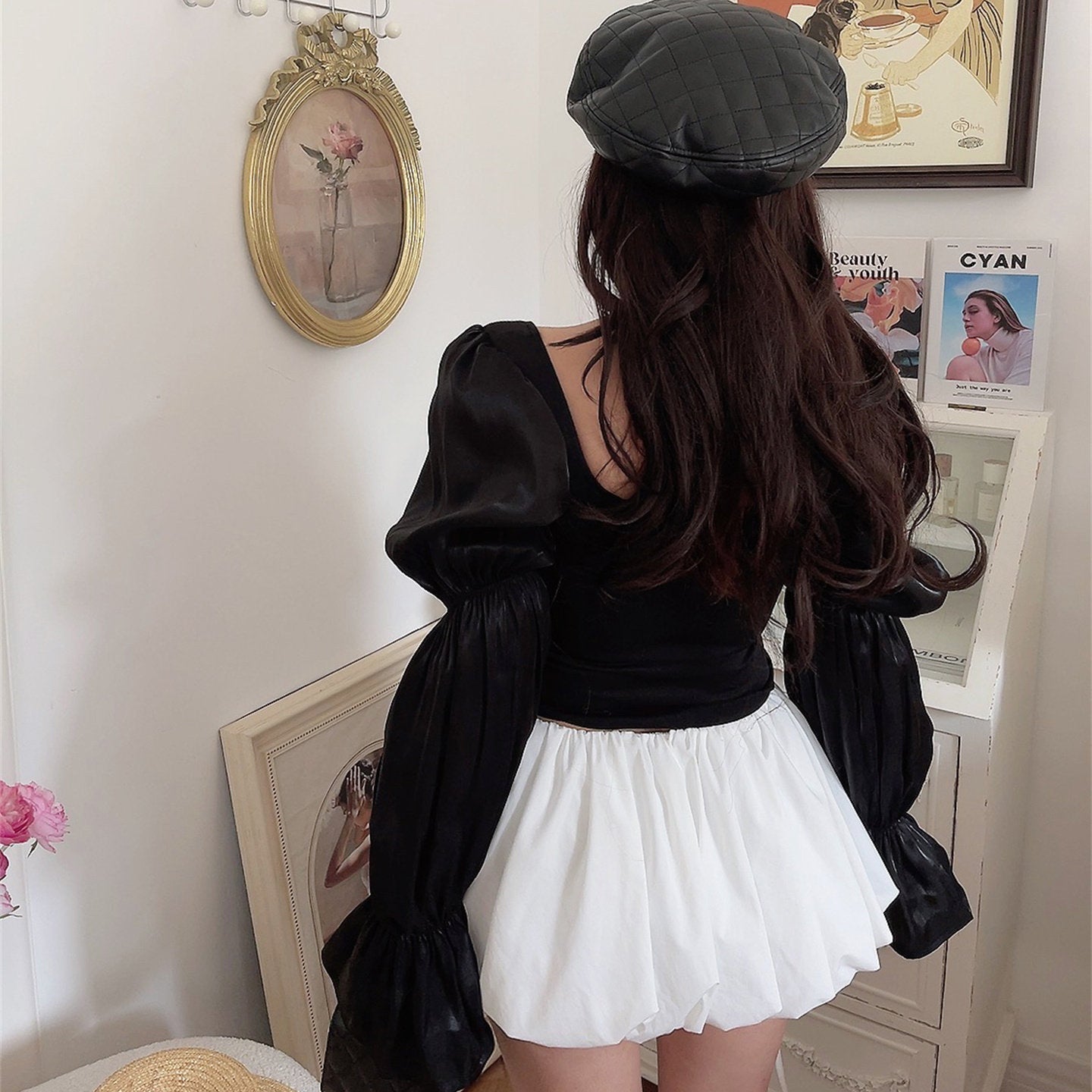 French Retro Lantern Sleeve Black Shirt