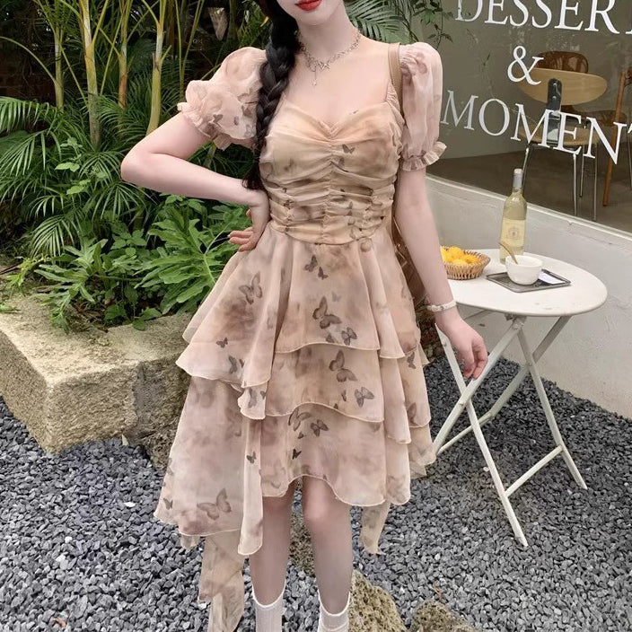 French Irregular Butterfly Print Ruffle Dress