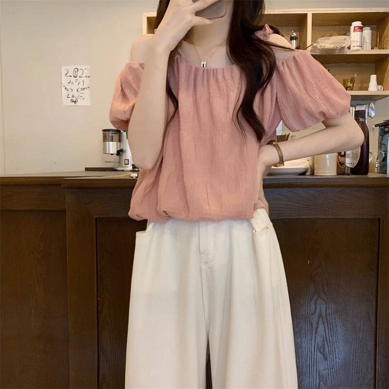 Chic Pink Off-the-Shoulder Puff-Sleeve Blouse