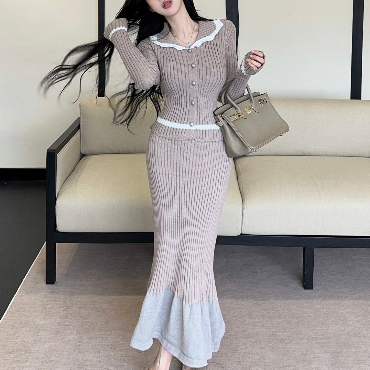 Sexy Color-Block Collared Long-Sleeve Top And High-Waisted Skirt Set