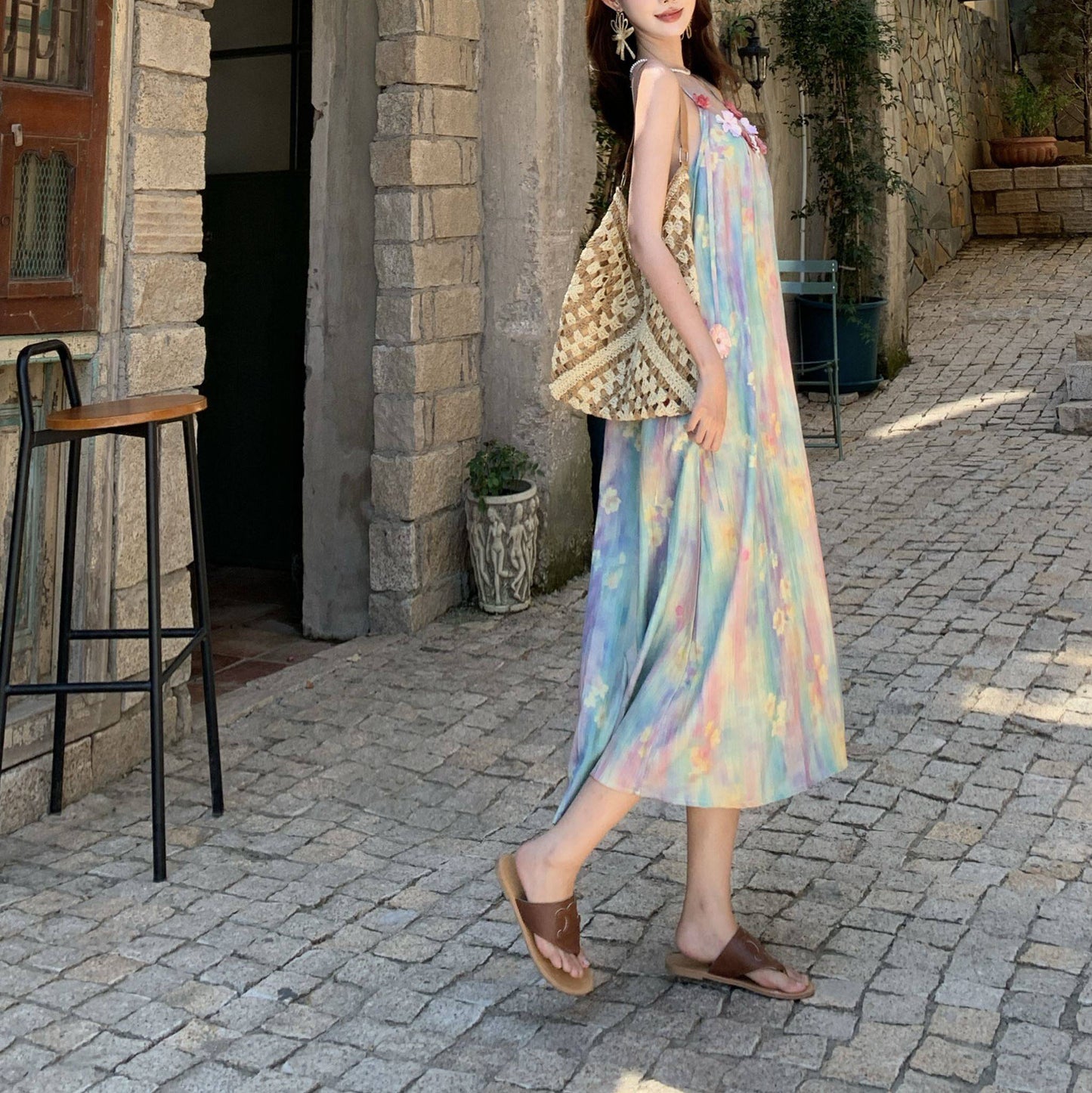 Seaside Vacation Oil Painting Bohemian Style Dress